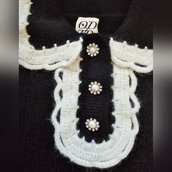 ODTD New York classy retro style Black white round collar knit sweater cropped S - Picture 3 of 6